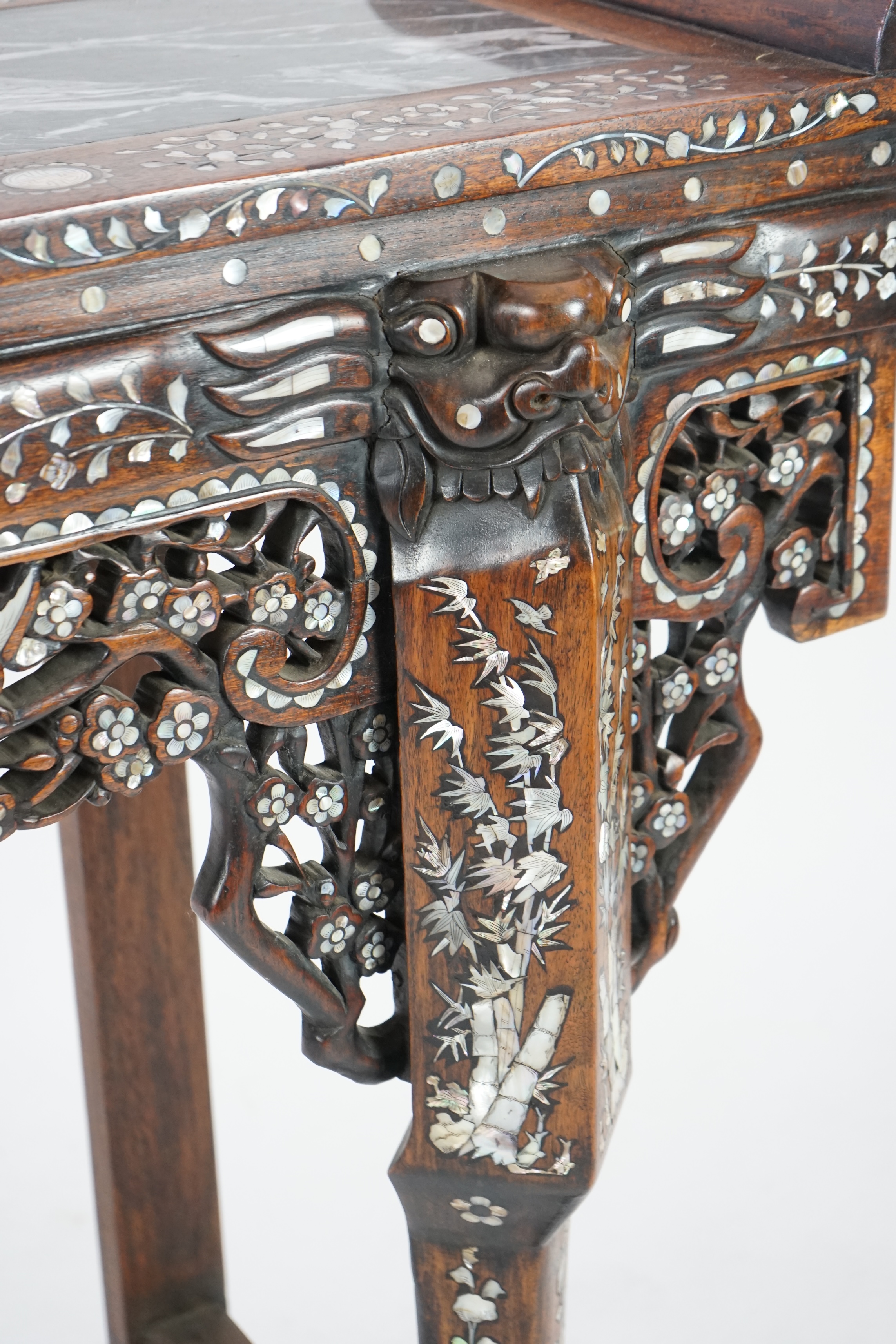 A good Chinese mother-of-pearl inlaid and marble topped hongmu altar table, late 19th/early 20th century